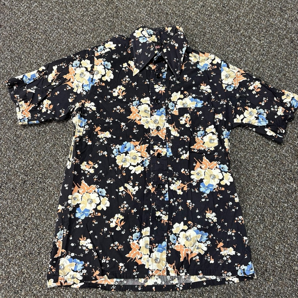 1960s True Vintage Floral Button Down Shirt Focus Career Club Black Medium